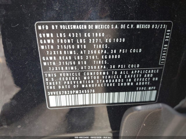 Aukcja sprzedaży 2023 Volkswagen Taos 1.5t Se, vin: 3VVEX7B29PM345576, numer aukcji: 46023408