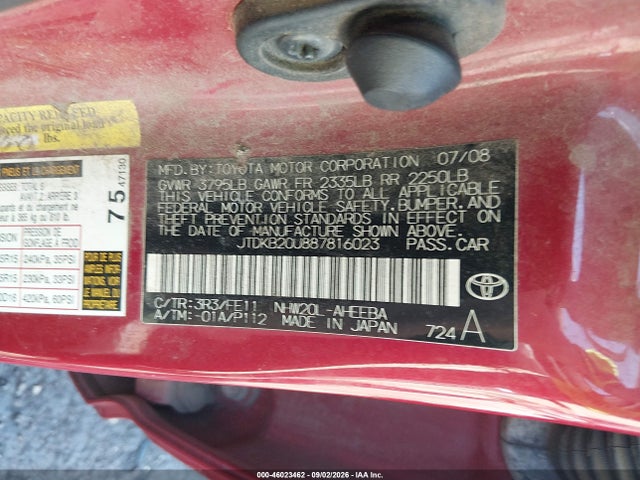 Продаж на аукціоні авто 2008 Toyota Prius, vin: JTDKB20U887816023, номер лоту: 46023462