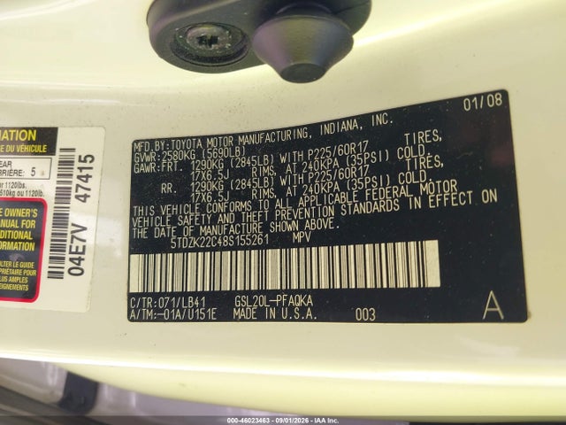 Aukcja sprzedaży 2008 Toyota Sienna Limited, vin: 5TDZK22C48S155261, numer aukcji: 46023463