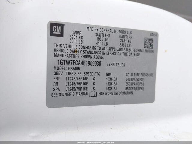 Продаж на аукціоні авто 2014 Gmc Savana 2500 Work Van, vin: 1GTW7FCA4E1909938, номер лоту: 46023480