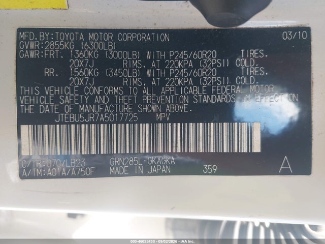Продаж на аукціоні авто 2010 Toyota 4runner Limited V6, vin: JTEBU5JR7A5017725, номер лоту: 46023490