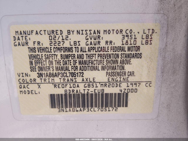 2012 Nissan Sentra 2.0 S მანქანა იყიდება აუქციონზე, vin: 3N1AB6AP3CL705172, აუქციონის ნომერი: 46023496