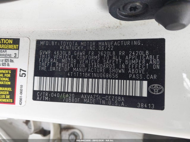 46023508 :رقم المزاد ، 4T1T11BK1NU068656 vin ، 2022 Toyota Camry Se Awd مزاد بيع