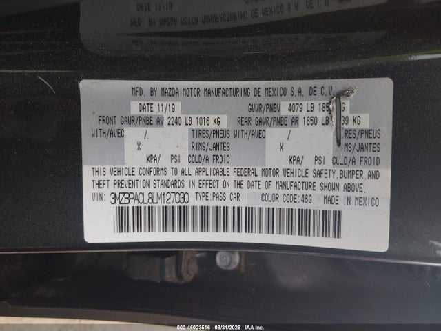 Продаж на аукціоні авто 2020 Mazda Mazda3 Select Package, vin: 3MZBPACL8LM127030, номер лоту: 46023516