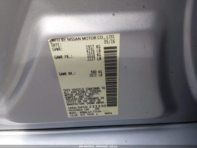 Aukcja sprzedaży 2016 Nissan Altima 2.5/2.5 S/2.5 Sl/2.5 Sr/2.5 Sv, vin: 1N4AL3AP1GC233330, numer aukcji: 46023519