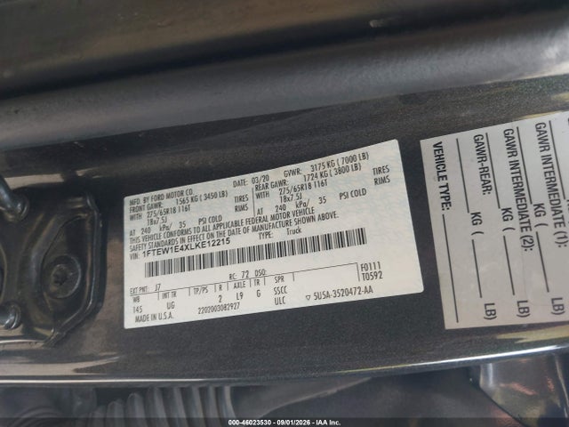 Продажа на аукционе авто 2020 Ford F-150 Xlt, vin: 1FTEW1E4XLKE12215, номер лота: 46023530