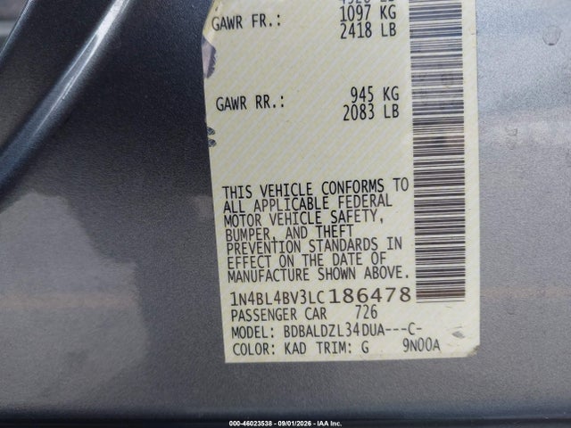 Продаж на аукціоні авто 2020 Nissan Altima S Fwd, vin: 1N4BL4BV3LC186478, номер лоту: 46023538