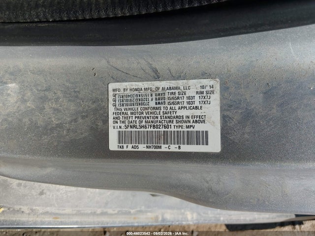 2015 Honda Odyssey Ex-l მანქანა იყიდება აუქციონზე, vin: 5FNRL5H67FB027601, აუქციონის ნომერი: 46023542