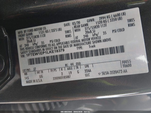 Продаж на аукціоні авто 2020 Ford F-150 Xlt, vin: 1FTEW1EP1LKE18379, номер лоту: 46023545