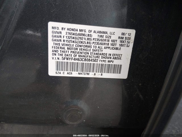 Продаж на аукціоні авто 2012 Honda Pilot Ex-l, vin: 5FNYF4H63CB084502, номер лоту: 46023554