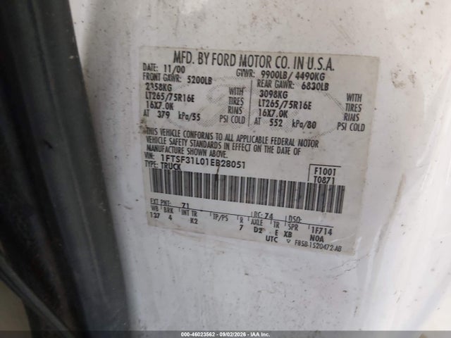 Auction sale of the 2001 Ford F-350 Xl/xlt, vin: 1FTSF31L01EB28051, lot number: 46023562