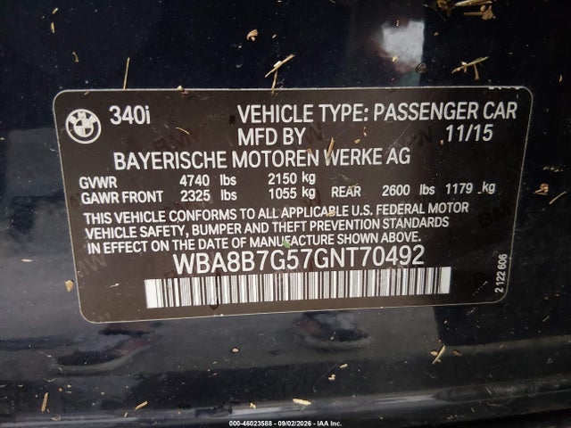 Aukcja sprzedaży 2016 Bmw 340i Xdrive, vin: WBA8B7G57GNT70492, numer aukcji: 46023588