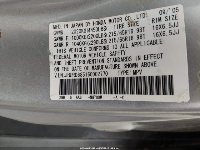 46023596 :رقم المزاد ، JHLRD68516C002770 vin ، 2006 Honda Cr-v Lx مزاد بيع