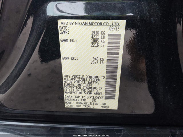 Aukcja sprzedaży 2015 Nissan Altima 2.5 S, vin: 1N4AL3AP1FC571907, numer aukcji: 46023598