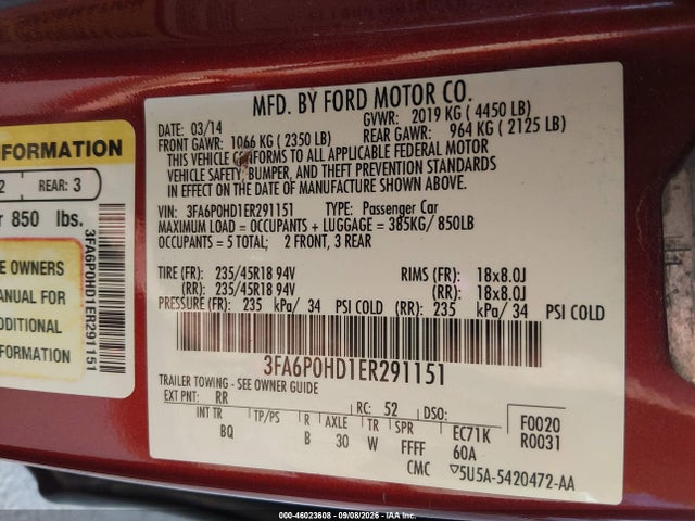Ford FUSION SE 2014 3FA6P0HD1ER291151 Image 9