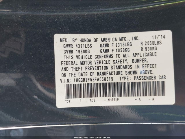 2015 Honda Accord Sport მანქანა იყიდება აუქციონზე, vin: 1HGCR2F58FA058315, აუქციონის ნომერი: 46023622
