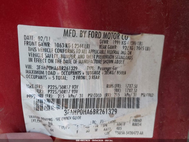 2011 Ford Fusion Se მანქანა იყიდება აუქციონზე, vin: 3FAHP0HA6BR261329, აუქციონის ნომერი: 46023628