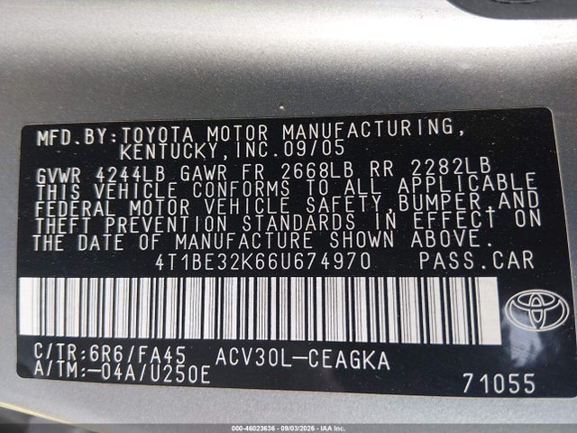 2006 Toyota Camry Xle მანქანა იყიდება აუქციონზე, vin: 4T1BE32K66U674970, აუქციონის ნომერი: 46023636