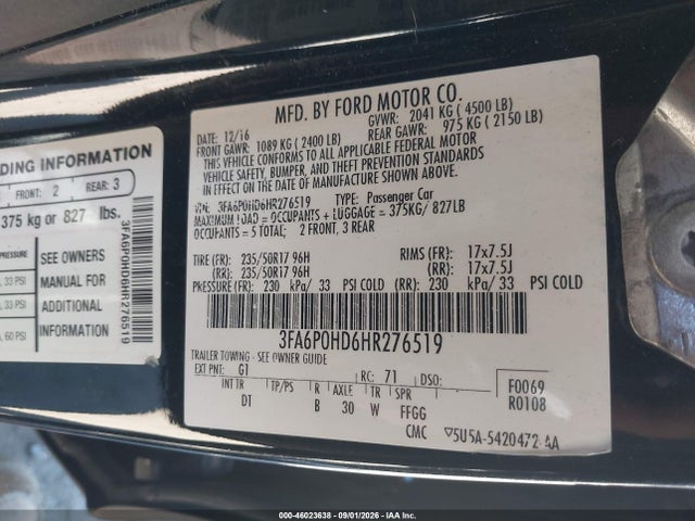 Aukcja sprzedaży 2017 Ford Fusion Se, vin: 3FA6P0HD6HR276519, numer aukcji: 46023638