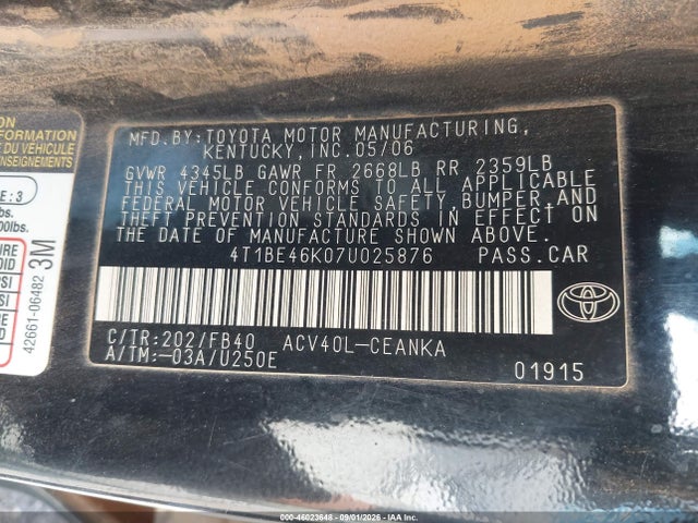 Aukcja sprzedaży 2007 Toyota Camry Le, vin: 4T1BE46K07U025876, numer aukcji: 46023648
