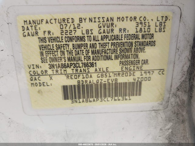 Продаж на аукціоні авто 2012 Nissan Sentra 2.0, vin: 3N1AB6AP3CL766361, номер лоту: 46023678