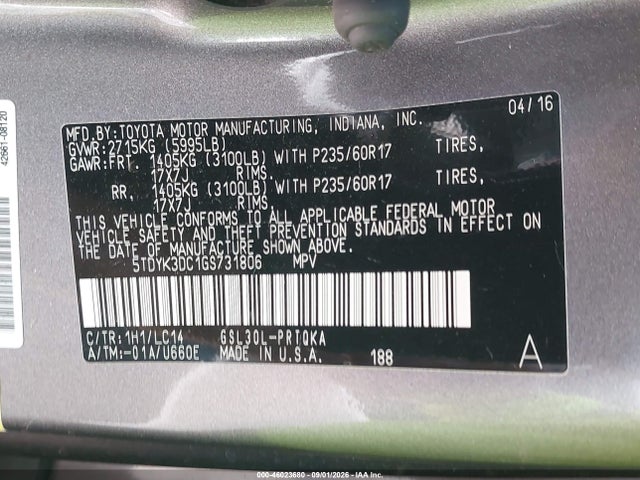 Продаж на аукціоні авто 2016 Toyota Sienna Xle 8 Passenger, vin: 5TDYK3DC1GS731806, номер лоту: 46023680