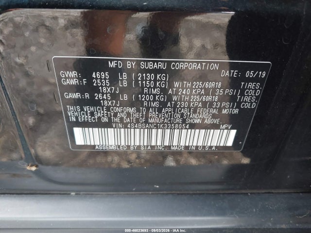 2019 Subaru Outback 2.5i Limited მანქანა იყიდება აუქციონზე, vin: 4S4BSANC1K3358054, აუქციონის ნომერი: 46023693