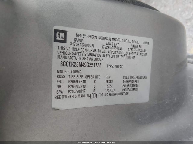 46023699 :رقم المزاد ، 3GCEK23M49G251736 vin ، 2009 Chevrolet Silverado 1500 Lt مزاد بيع