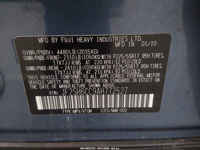 Продаж на аукціоні авто 2010 Subaru Forester 2.5x Premium, vin: JF2SH6CC9AH772527, номер лоту: 46023703