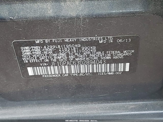 Продажа на аукционе авто 2013 Subaru Impreza 2.0i Premium, vin: JF1GPAC63D2894043, номер лота: 46023706