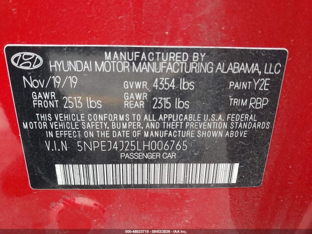 46023710 :رقم المزاد ، 5NPEJ4J25LH006765 vin ، 2020 Hyundai Sonata Sel Plus مزاد بيع