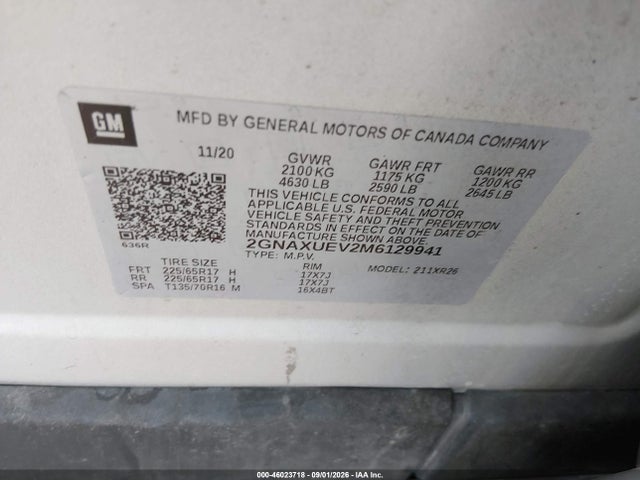 Продаж на аукціоні авто 2021 Chevrolet Equinox Awd Lt, vin: 2GNAXUEV2M6129941, номер лоту: 46023718