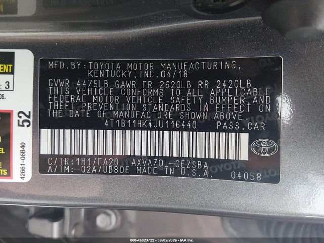 2018 Toyota Camry Se მანქანა იყიდება აუქციონზე, vin: 4T1B11HK4JU116440, აუქციონის ნომერი: 46023722