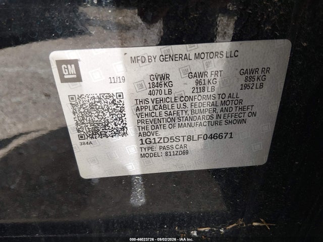 Продажа на аукционе авто 2020 Chevrolet Malibu Fwd Lt, vin: 1G1ZD5ST8LF046671, номер лота: 46023726