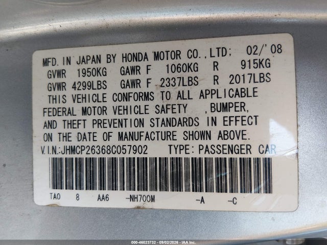 Aukcja sprzedaży 2008 Honda Accord 2.4 Lx, vin: JHMCP26368C057902, numer aukcji: 46023732