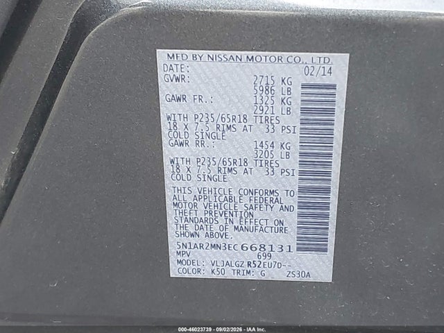 Aukcja sprzedaży 2014 Nissan Pathfinder Sl, vin: 5N1AR2MN3EC668131, numer aukcji: 46023739