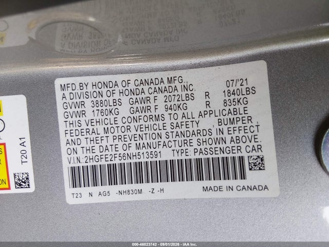 46023742 :رقم المزاد ، 2HGFE2F56NH513591 vin ، 2022 Honda Civic Sport مزاد بيع