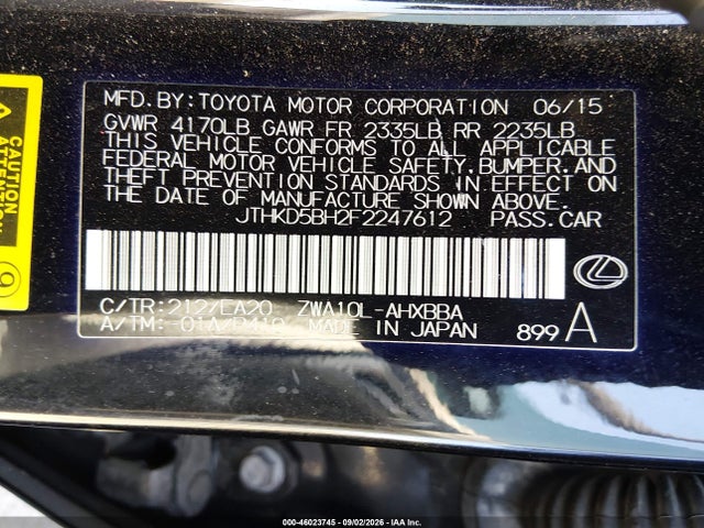 Продажа на аукционе авто 2015 Lexus Ct 200h, vin: JTHKD5BH2F2247612, номер лота: 46023745