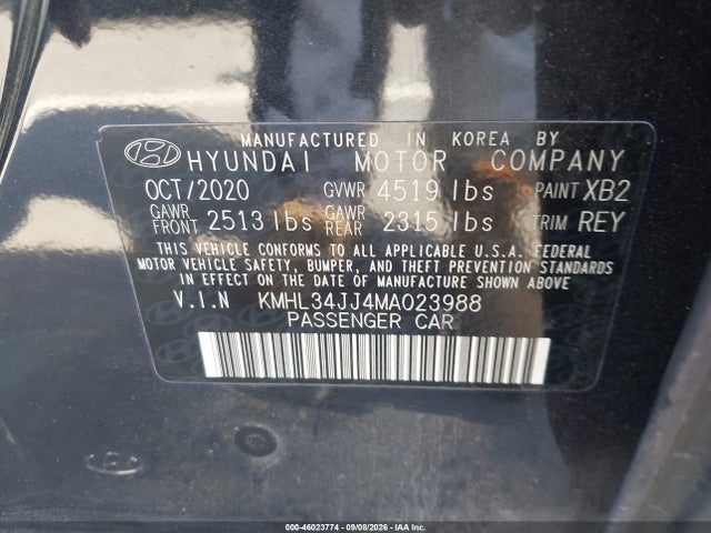 2021 Hyundai Sonata Sel მანქანა იყიდება აუქციონზე, vin: KMHL34JJ4MA023988, აუქციონის ნომერი: 46023774