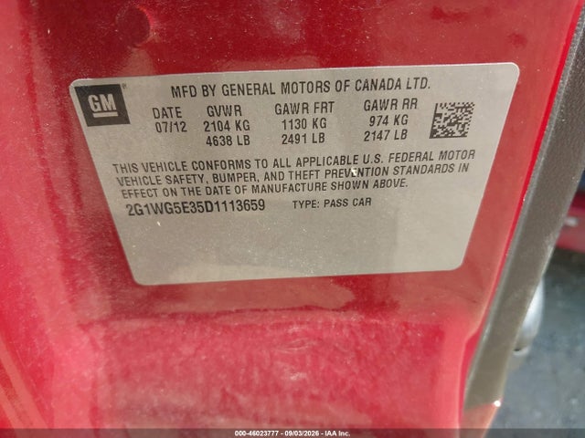Продаж на аукціоні авто 2013 Chevrolet Impala Lt, vin: 2G1WG5E35D1113659, номер лоту: 46023777