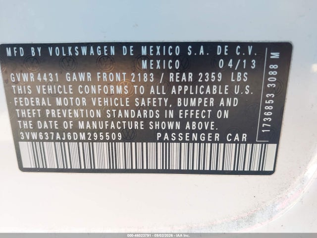Продаж на аукціоні авто 2013 Volkswagen Jetta Hybrid Sel, vin: 3VW637AJ6DM295509, номер лоту: 46023791