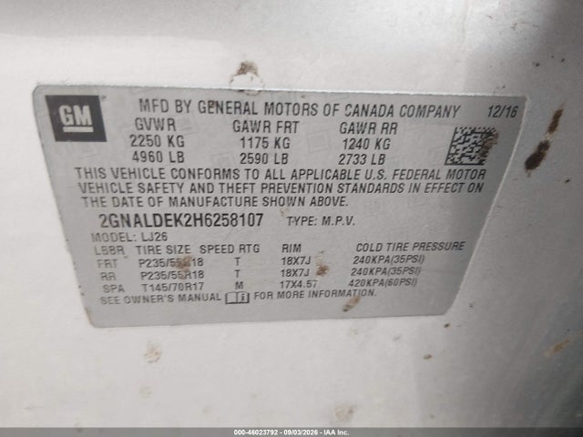 Продажа на аукционе авто 2017 Chevrolet Equinox Premier, vin: 2GNALDEK2H6258107, номер лота: 46023792