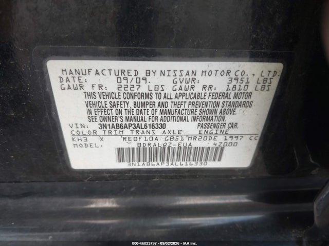 46023797 :رقم المزاد ، 3N1AB6AP3AL616330 vin ، 2010 Nissan Sentra 2.0 مزاد بيع
