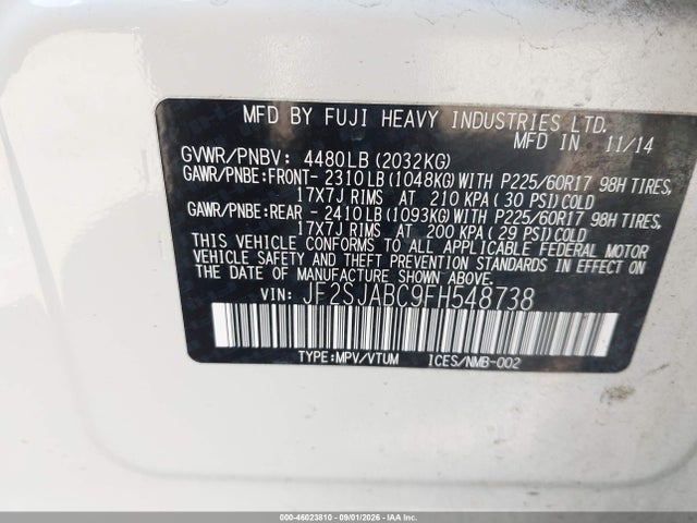 Продажа на аукционе авто 2015 Subaru Forester 2.5i, vin: JF2SJABC9FH548738, номер лота: 46023810