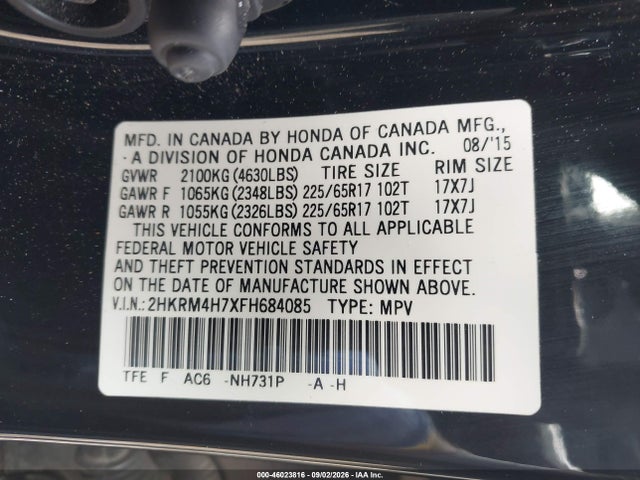46023816 :رقم المزاد ، 2HKRM4H7XFH684085 vin ، 2015 Honda Cr-v Ex-l مزاد بيع