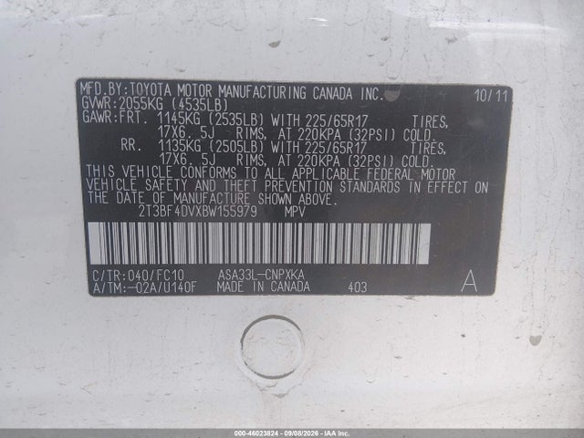 Aukcja sprzedaży 2011 Toyota Rav4, vin: 2T3BF4DVXBW155979, numer aukcji: 46023824