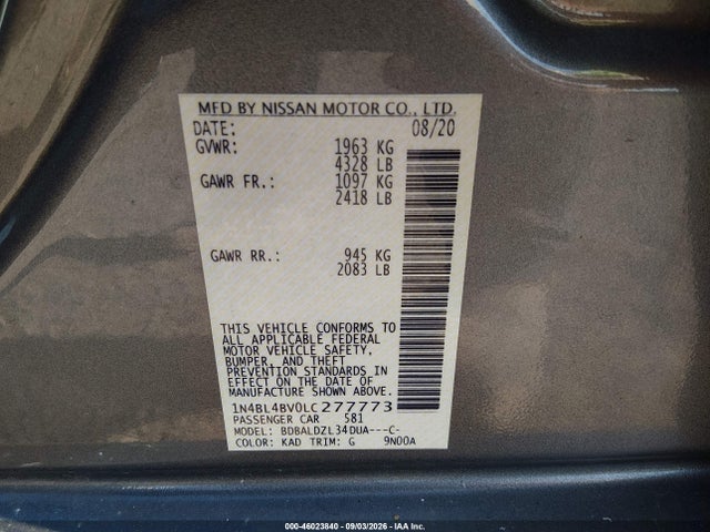 Продажа на аукционе авто 2020 Nissan Altima S Fwd, vin: 1N4BL4BV0LC277773, номер лота: 46023840