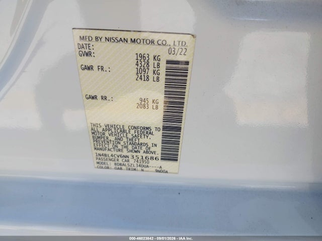 Aukcja sprzedaży 2022 Nissan Altima Sr Fwd, vin: 1N4BL4CV6NN351686, numer aukcji: 46023842