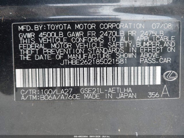 46023854 :رقم المزاد ، JTHBE262185021581 vin ، 2008 Lexus Is 350 مزاد بيع