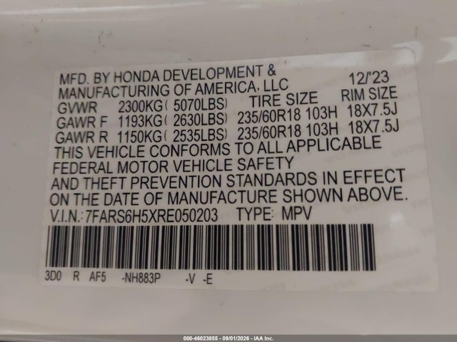 2024 Honda Cr-v Hybrid Sport მანქანა იყიდება აუქციონზე, vin: 7FARS6H5XRE050203, აუქციონის ნომერი: 46023855